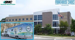 Exterior view of a modern medical facility with an American flag and logos for Southside Medical Center and Morehouse Choice; inset features a Southside Medical Center mobile clinics truck.