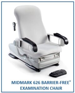 A Midmark 626 Barrier-Free examination chair with adjustable armrests and a handheld control panel, designed for medical use.