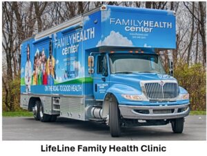 A blue LifeLine Family Health Clinic mobile medical truck parked on pavement, with images of diverse families and clinic information on its side.