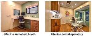 Two images: one shows an audio test booth with a desk, chair, and equipment; the other shows a dental operatory with a dental chair, tools, and cabinetry.