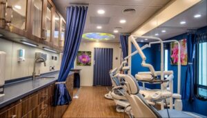 A modern dental clinic with dental chairs, equipment, blue curtains, wood cabinets, and floral artwork on the walls—similar in comfort and care to mobile mammography clinics.
