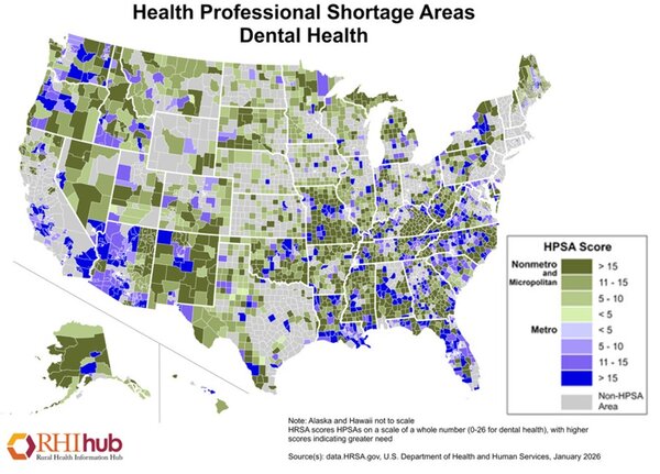 Map of the U.S. showing dental health professional shortage areas by county, with varying shades indicating different HPSA scores; highest shortages are marked in dark blue—similar to maps for mobile mammography clinics addressing healthcare access.